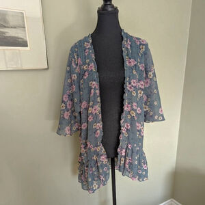 American Eagle Sheer Floral Kimono - Teal - XS/S/M - Ruffle Hem Boho